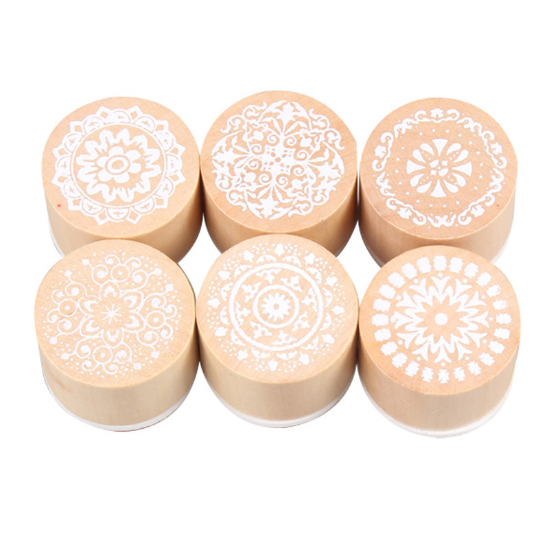 Round Retro Floral Pattern Wooden Rubber Stamps for Scrapbooking
